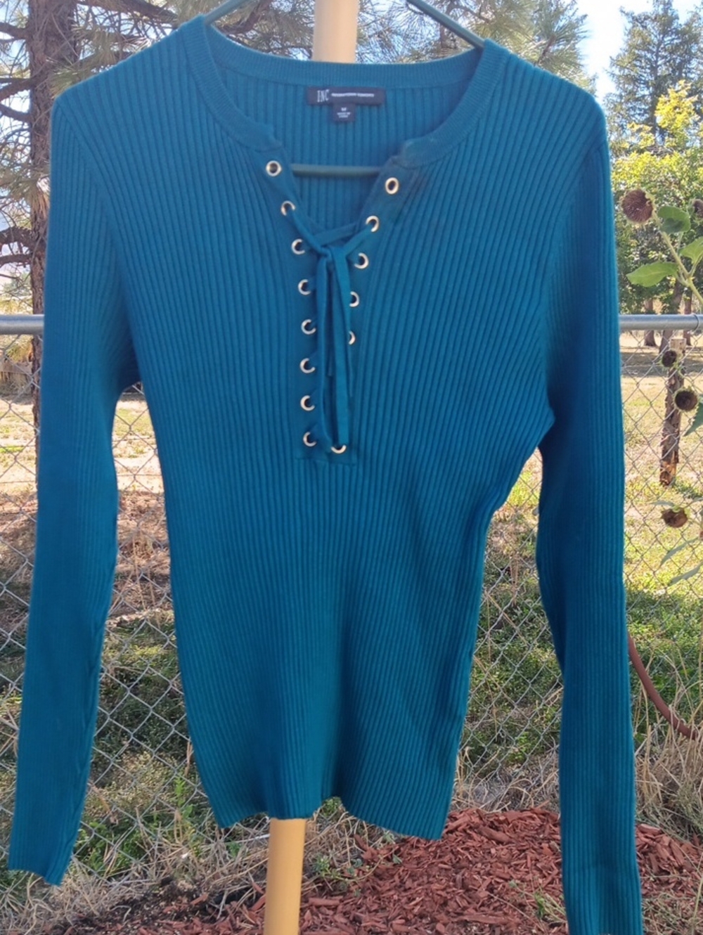 INC International Concepts Teal Ribbed Lace-Up Long Sleeve Top